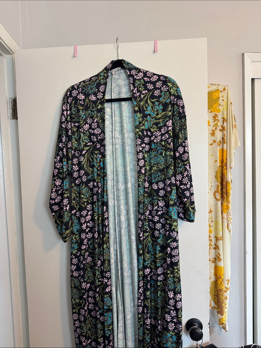 Novella Royale Floral Long Open Kimono robe  - Black with Teal & lilac